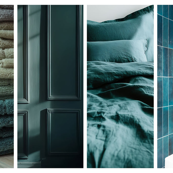 Teal interior design inspiration banner featuring layered teal bath towels, painted cabinetry, soft teal bedding, and glossy teal tile, showcasing how teal is used across home textiles, cabinetry, and bathroom design to create calm, cohesive interiors.