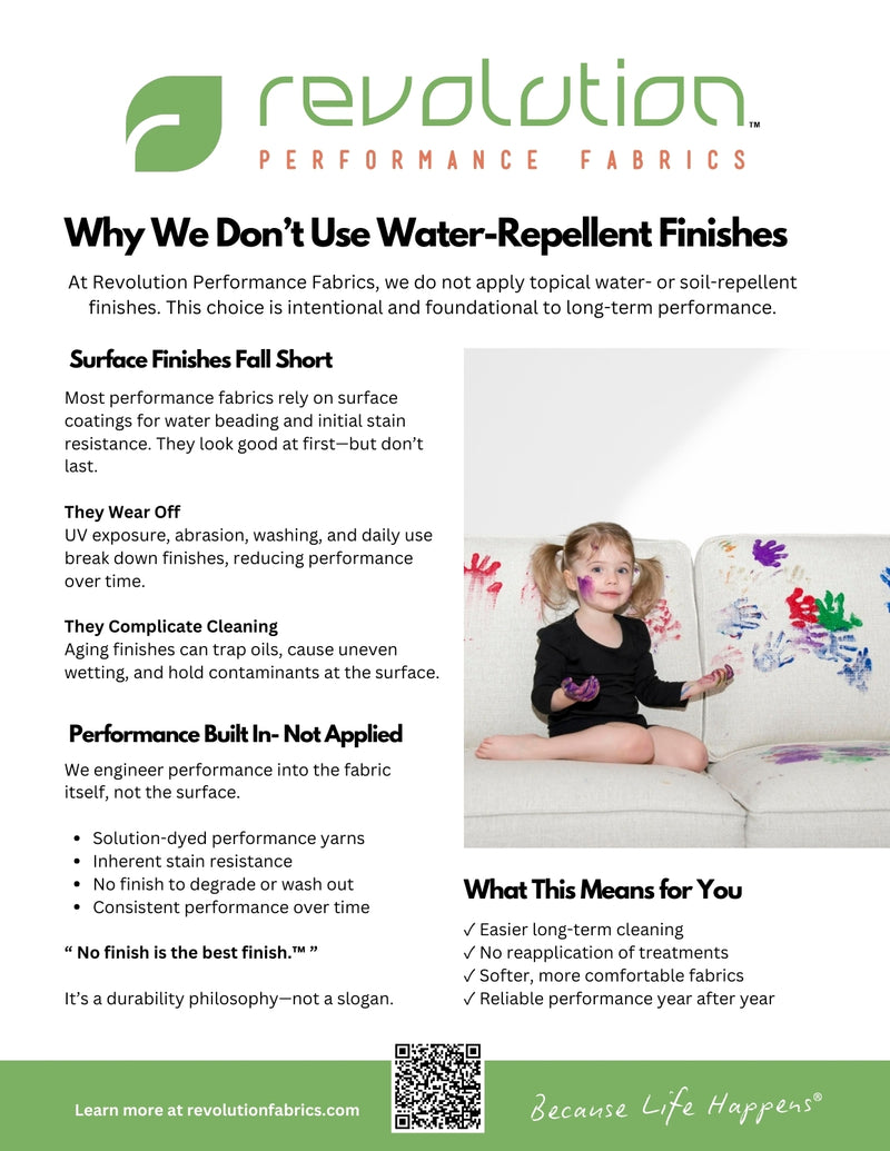 Revolution Outdoor Educational Flyer – “No Finish Is the Best Finish” (Double-Sided, 8.5" x 11") - - Revolution Upholstery Fabric