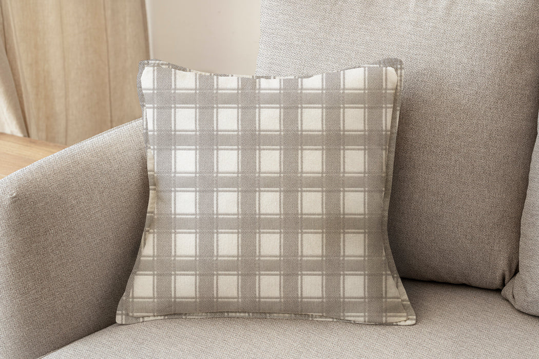Decorative pillow upholstered in Revolution Performance Fabric Denmark Loft, featuring a soft grey plaid pattern with layered vertical and horizontal bands that create a classic, tailored aesthetic. The performance construction makes it ideal for everyday family-friendly living.
