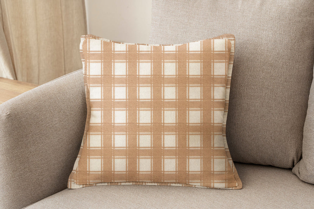 Decorative pillow upholstered in Revolution Performance Fabric Denmark Straw, featuring a warm tan plaid pattern with layered vertical and horizontal bands that create a classic, tailored aesthetic. The performance construction makes it ideal for everyday family-friendly living.