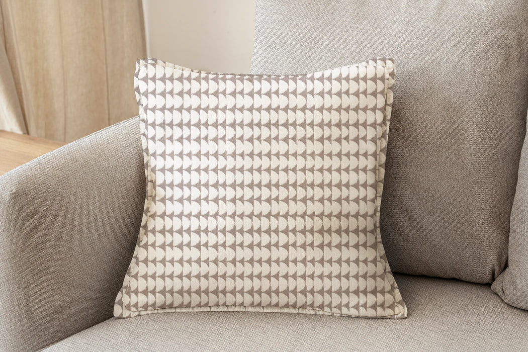 Upholstered pillow in Revolution Performance Fabric Geometric Print Loft, featuring soft taupe geometric shapes in a subtle, versatile palette. This durable, woven performance pillow complements a range of interior styles with both comfort and practicality.