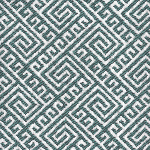 Flat view of Revolution Performance Upholstery Fabric in the Hatteras pattern, color Spa, featuring a tightly woven geometric design of interlocking diamond shapes with a continuous Greek key inspired motif in soft spa green and white.