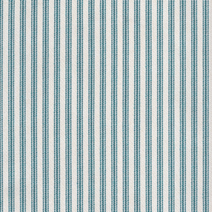 Flat view of Revolution Performance Upholstery Fabric in Foreshore Bottle, featuring deep green and muted teal vertical stripes with evenly spaced bands that create a crisp, tailored look. The smooth, finely woven texture enhances the subtle contrast.