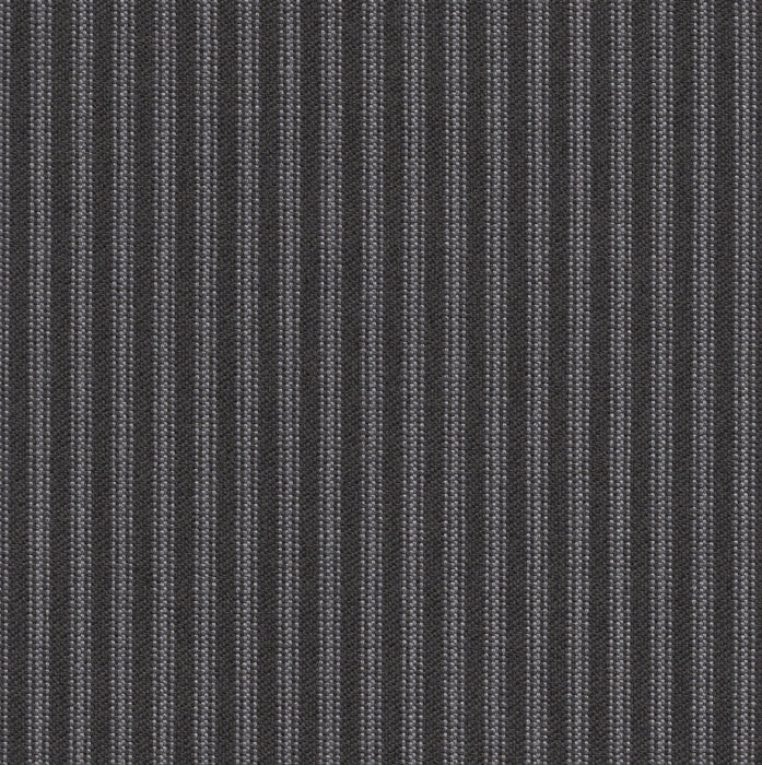 Flat view of Revolution Performance Upholstery Fabric in Foreshore Carbon, featuring charcoal and cool grey vertical stripes with evenly spaced bands that create a crisp, tailored look. The smooth, finely woven texture enhances the subtle contrast.