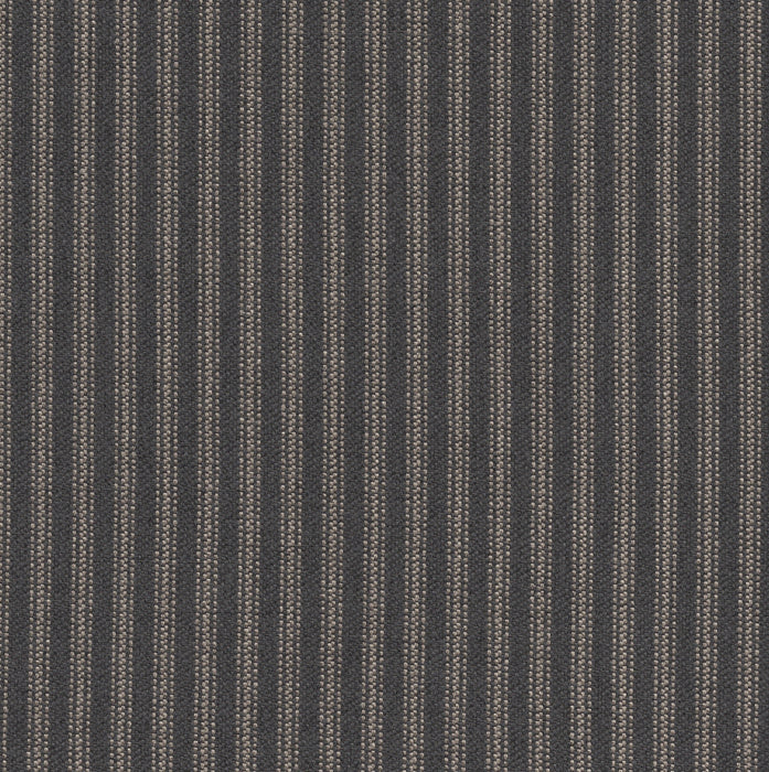 Flat view of Revolution Performance Upholstery Fabric in Foreshore Carbon, featuring charcoal and cool grey vertical stripes with evenly spaced bands that create a crisp, tailored look. The smooth, finely woven texture enhances the subtle contrast.