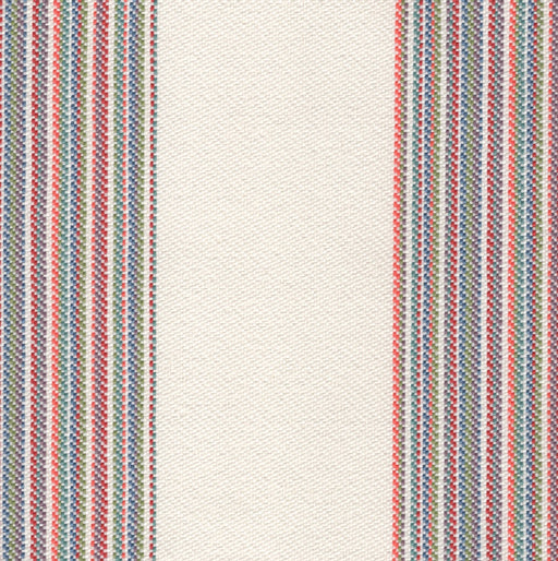 Revolution Performance Fabric, pattern Gracias in the color Denim, showcasing an ivory base accented with refined vertical stripes in layered blues and muted greens for a classic, coastal-inspired striped upholstery fabric.