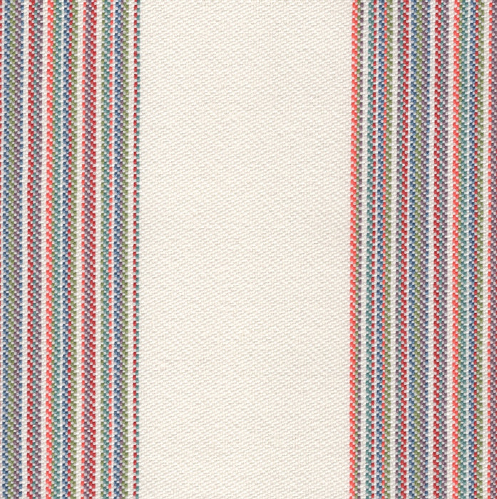 Revolution Performance Fabric, pattern Gracias in the color Denim, showcasing an ivory base accented with refined vertical stripes in layered blues and muted greens for a classic, coastal-inspired striped upholstery fabric.