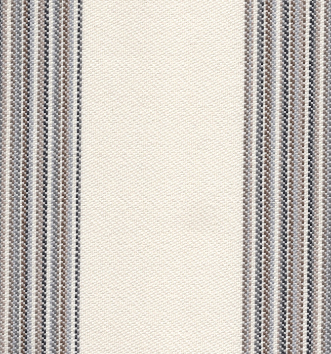 Revolution Performance Fabric, pattern Gracias in the color Summer, displaying an ivory foundation bordered by warm vertical stripes in coral, golden yellow, olive green, and soft blue for a cheerful, sun-washed striped upholstery look.