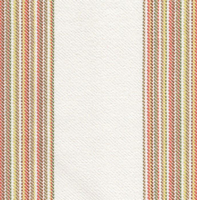 Revolution Performance Fabric, pattern Gracias in the color Summer, displaying an ivory foundation bordered by warm vertical stripes in coral, golden yellow, olive green, and soft blue for a cheerful, sun-washed striped upholstery look.