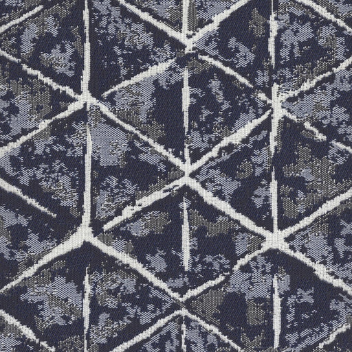Revolution Performance Fabric, pattern Sarong in the color Navy, featuring deep navy blue geometric cube motifs with subtle tonal texture and ivory linework for a bold, modern upholstery design with durable, high-performance qualities.