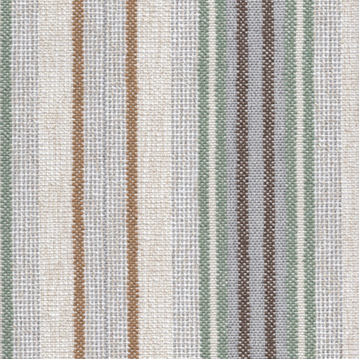 Flat view of Revolution Performance Upholstery Fabric, pattern Jansen in Eucalyptus, featuring crisp vertical stripes formed by slightly raised woven bands in soft sage green, warm beige, and light neutral tones. The alternating stripe widths and subtly textured yarns create gentle dimension and a relaxed, coastal-inspired rhythm across the fabric surface.