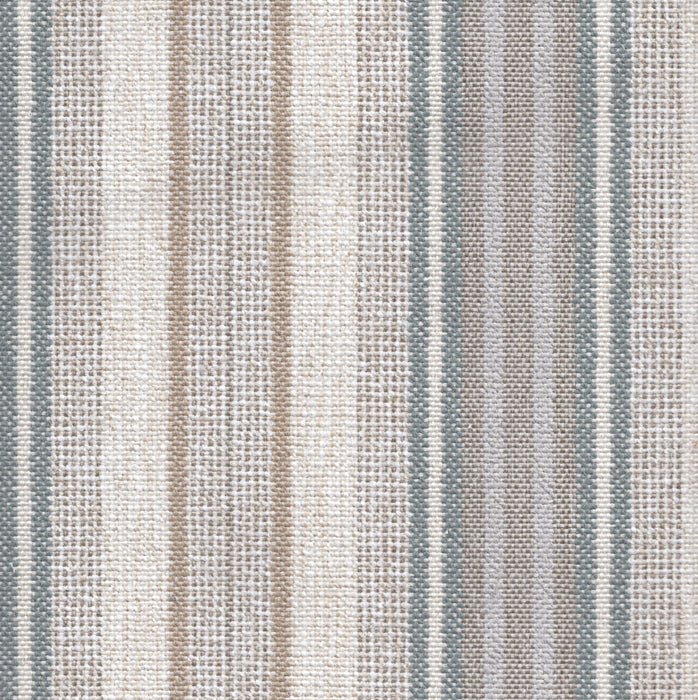 Flat view of Revolution Performance Upholstery Fabric, pattern Jansen in Mineral, featuring crisp vertical stripes formed by slightly raised woven bands in muted gray, soft taupe, and ivory tones. The alternating stripe widths and subtly textured yarns create gentle dimension and a calm, balanced rhythm across the fabric surface.