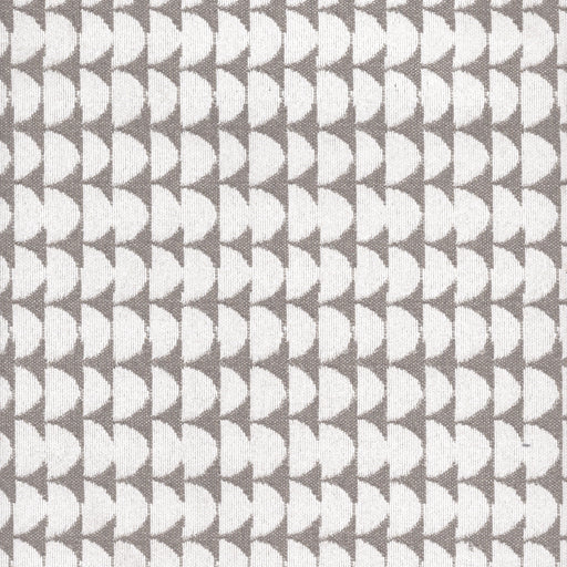 Flat view of Revolution Performance Upholstery Fabric in Geometric Print Loft, showcasing soft ivory semicircles paired with a warm greige background. The finely woven construction highlights the clean, contemporary geometry.