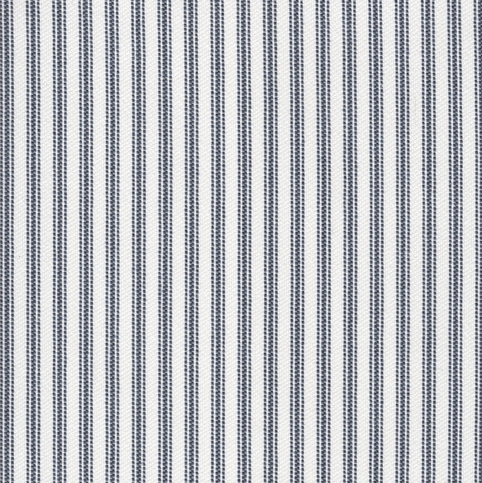 Flat view of Revolution Performance Upholstery Fabric in Foreshore Marine, featuring deep navy and muted denim vertical stripes with evenly spaced bands that create a crisp, tailored look. The smooth, finely woven texture enhances the subtle contrast.
