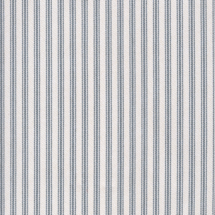 Flat view of Revolution Performance Upholstery Fabric in Foreshore Mint, featuring pale teal and cool grey vertical stripes with evenly spaced bands that create a crisp, tailored look. The smooth, finely woven texture enhances the subtle contrast.