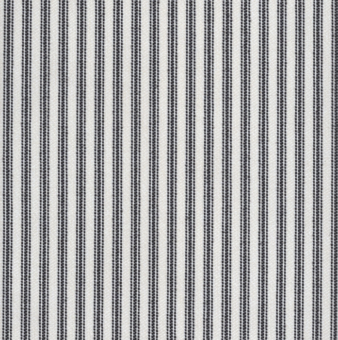 Flat view of Revolution Performance Upholstery Fabric in Foreshore Onyx, featuring black and soft grey vertical stripes with evenly spaced bands that create a crisp, tailored look. The smooth, finely woven texture enhances the subtle contrast.