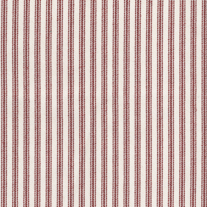 Flat view of Revolution Performance Upholstery Fabric in Foreshore Red, featuring bright red and soft rose vertical stripes with evenly spaced bands that create a crisp, tailored look. The smooth, finely woven texture enhances the subtle contrast.