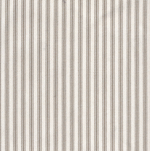 Flat view of Revolution Performance Upholstery Fabric in Foreshore Sand, featuring warm beige and soft taupe vertical stripes with evenly spaced bands that create a crisp, tailored look. The smooth, finely woven texture enhances the subtle contrast.