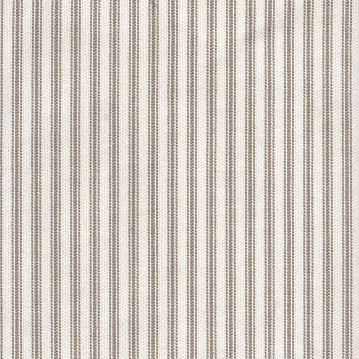 Flat view of Revolution Performance Upholstery Fabric in Foreshore Sand, featuring warm beige and soft taupe vertical stripes with evenly spaced bands that create a crisp, tailored look. The smooth, finely woven texture enhances the subtle contrast.