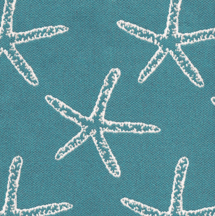 Revolution Performance Fabric, pattern Seastar in the color Bottle, featuring crisp white starfish motifs woven over a deep teal-green background for a coastal-inspired upholstery look with durable performance appeal.