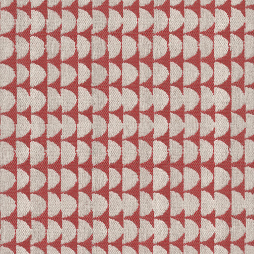 Flat view of Revolution Performance Upholstery Fabric in Geometric Print Tomato, featuring a bold repeating pattern of soft ivory semicircles set against a warm red ground. The smooth, tightly woven surface highlights the crisp geometric shapes for a modern, graphic look.