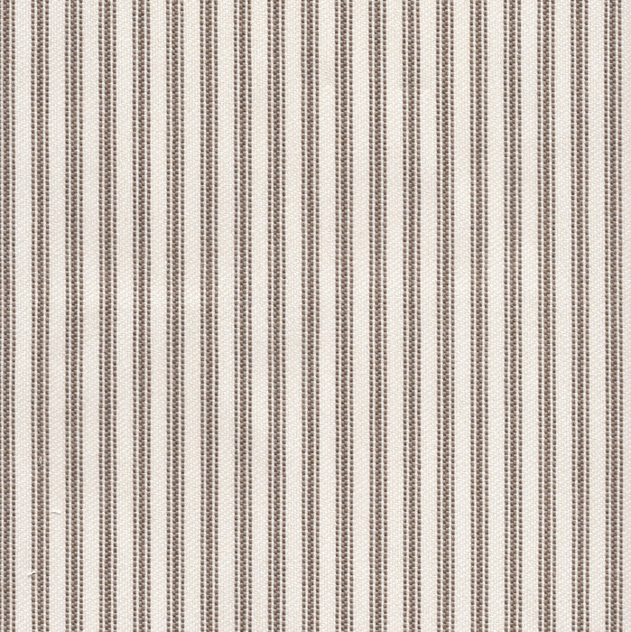 Flat view of Revolution Performance Upholstery Fabric in Foreshore Walnut, featuring rich brown and muted taupe vertical stripes with evenly spaced bands that create a crisp, tailored look. The smooth, finely woven texture enhances the subtle contrast.