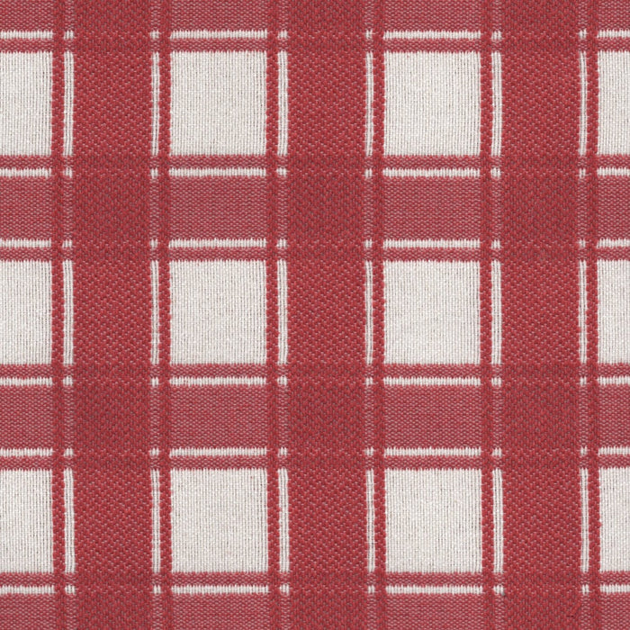 Flat view of Revolution Performance Upholstery Fabric in Denmark Cherry, featuring a rich red plaid pattern with layered vertical and horizontal bands that create a timeless, tailored look. The tightly woven texture enhances the clean structure of the design.
