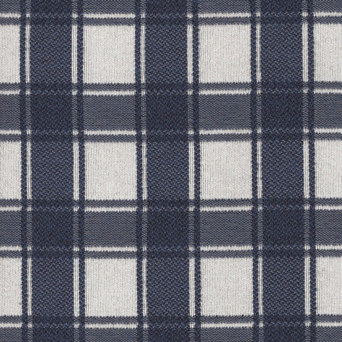Flat view of Revolution Performance Upholstery Fabric in Denmark Indigo, featuring a deep navy plaid pattern with layered vertical and horizontal bands that create a timeless, tailored look. The tightly woven texture enhances the clean structure of the design.