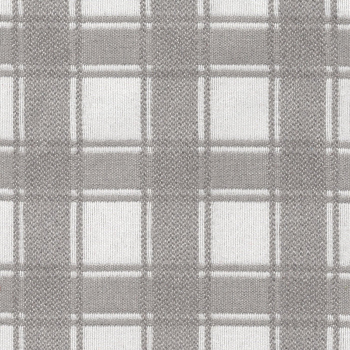Flat view of Revolution Performance Upholstery Fabric in Denmark Loft, featuring a soft grey plaid pattern with layered vertical and horizontal bands that create a timeless, tailored look. The tightly woven texture enhances the clean structure of the design.