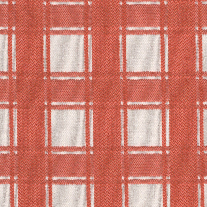 Flat view of Revolution Performance Upholstery Fabric in Denmark Mango, featuring a vibrant orange plaid pattern with layered vertical and horizontal bands that create a timeless, tailored look. The tightly woven texture enhances the clean structure of the design.