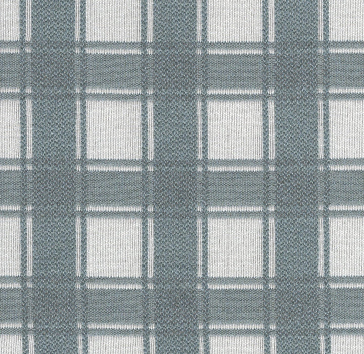 Flat view of Revolution Performance Upholstery Fabric in Denmark Powder, featuring a soft blue plaid pattern with layered vertical and horizontal bands that create a timeless, tailored look. The tightly woven texture enhances the clean structure of the design.