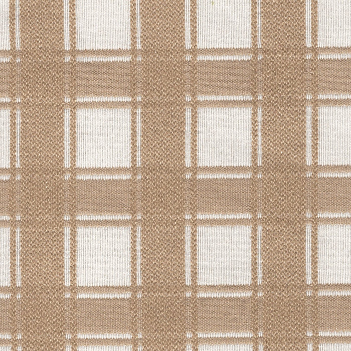 Flat view of Revolution Performance Upholstery Fabric in Denmark Straw, featuring a warm beige plaid pattern with layered vertical and horizontal bands that create a timeless, tailored look. The tightly woven texture enhances the clean structure of the design.