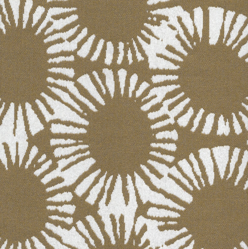 Revolution Performance Fabric, pattern Sunburst in the color Citron, featuring warm golden citron sunburst motifs radiating across an ivory ground for a lively, modern upholstery design with durable performance qualities.